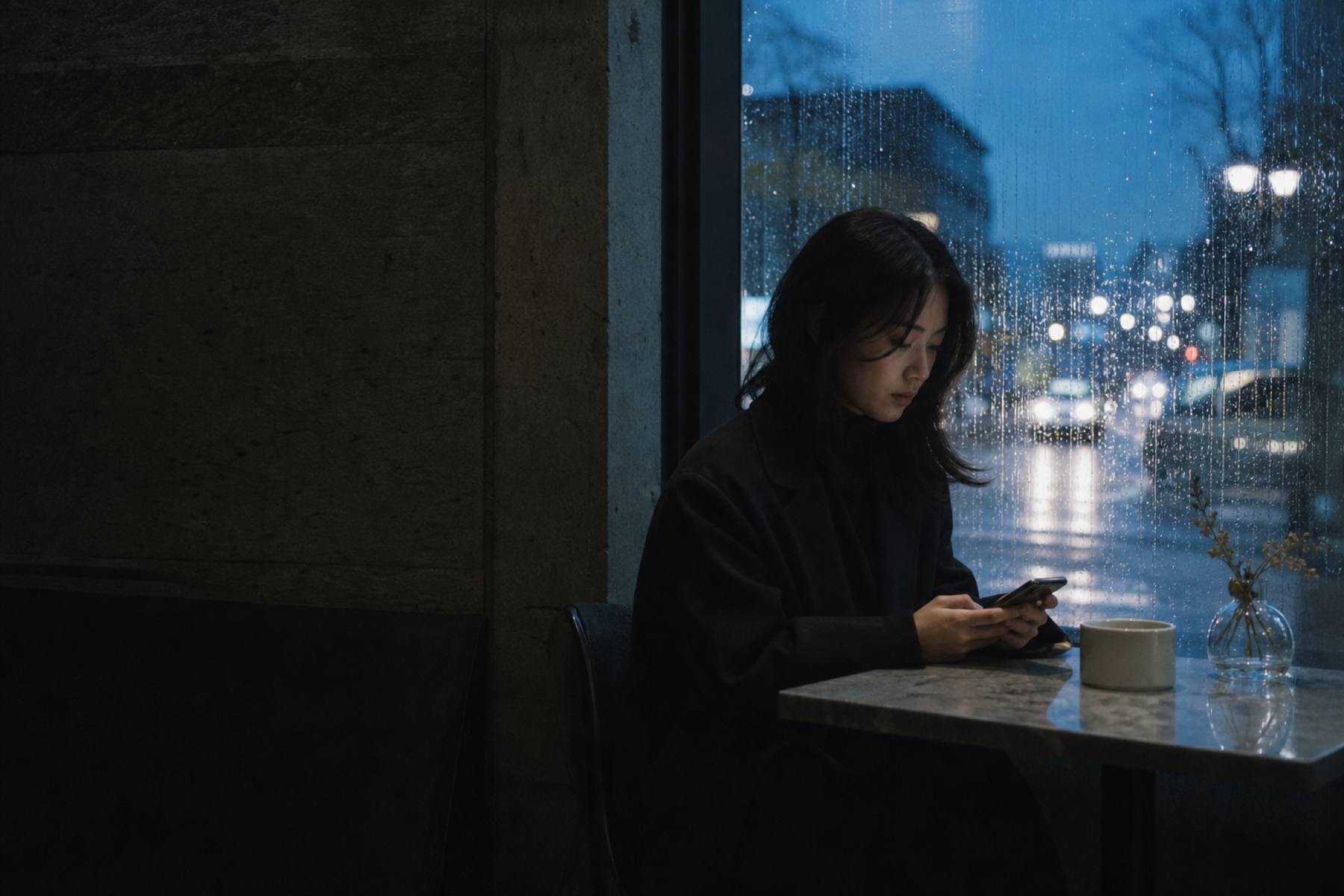 A person at a cafe window, reading a message on their phone at dusk