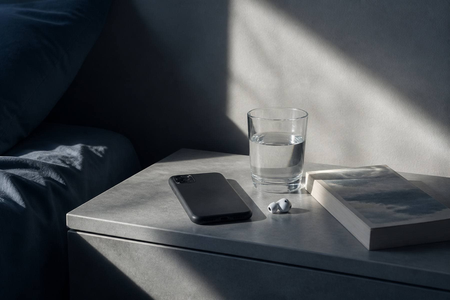 A phone face-down on a bedside table in morning light